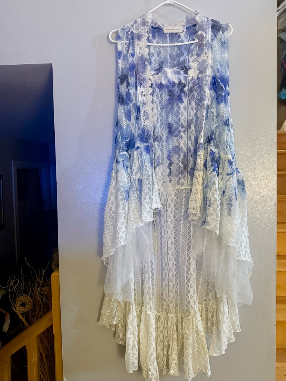 Victorian House Branson Blue Tie Dye Lace Boho High Low Duster Vest Layering XL